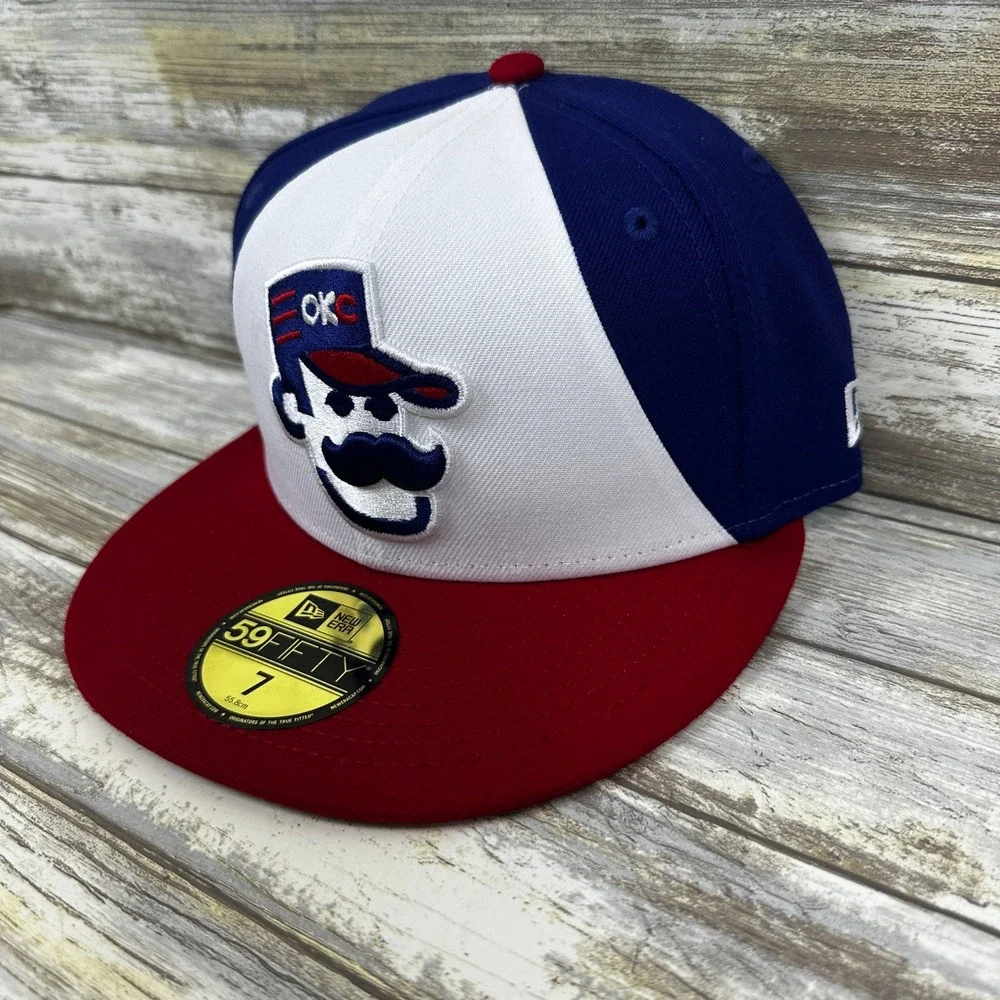 OKC 89ers Abner‎ New Era 59FIFTY MiLB Mens Fitted Hat Size 7 Red White Blue NEW